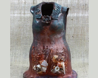 Raku ceramic sculpture. TERRA FIRMA FAMILY. Mother dress. Figure sculpture. Raku fine art. Mixed medium. Nature inspired ceramics.