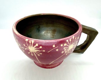 Espresso porcelain cup. Handmade Fine Pottery. Pink metallic ceramic tea cup. Coffee flower cup.  9 OZ cup.
