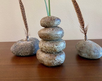 Stacked stones ceramic vase. Zen garden sculpture. Pebble stone cairn vase. Nature inspired beach stones vase. Organic rustic vase.