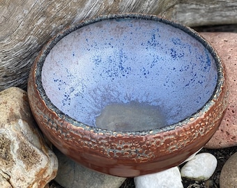 Large blue ceramic serving bowl. Handmade salad bowl. Purple  brown pot. Nature inspired textured bowl. Fine pottery.