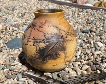 Horsehair handmade vase. Feather ceramic vase. Golden rustic raku vase. Fine horsehair pottery.