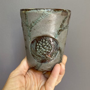 Pine cone tumbler coffee cup. Ceramic coffee mug. 12OZ. Hand built rustic earthy pottery. image 1