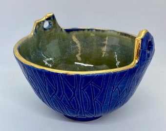 Ceramic serving bowl. Gold luster rim. Cobalt blue green handmade pot. Porcelain handmade salad bowl. Abstract fruit bowl.