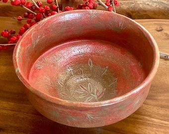 Ceramic red  serving pottery bowl. Handmade red and green salad dish.  Soup bowl. Fruit bowl.