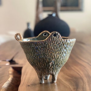 Green gold luster pot. Ceramic pottery. Handmade porcelain bowl. Three legged vase. Nature Inspired organic bowl. image 4