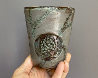 Pine cone tumbler coffee cup. Ceramic coffee mug.  12OZ. Hand built rustic earthy pottery.