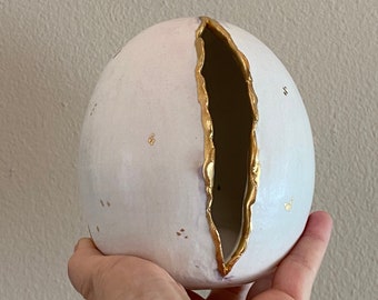 Ceramic egg sculpture. Large white bird egg with gold luster. Nature inspired hatched egg. Modern home décor. Ceramic fine art