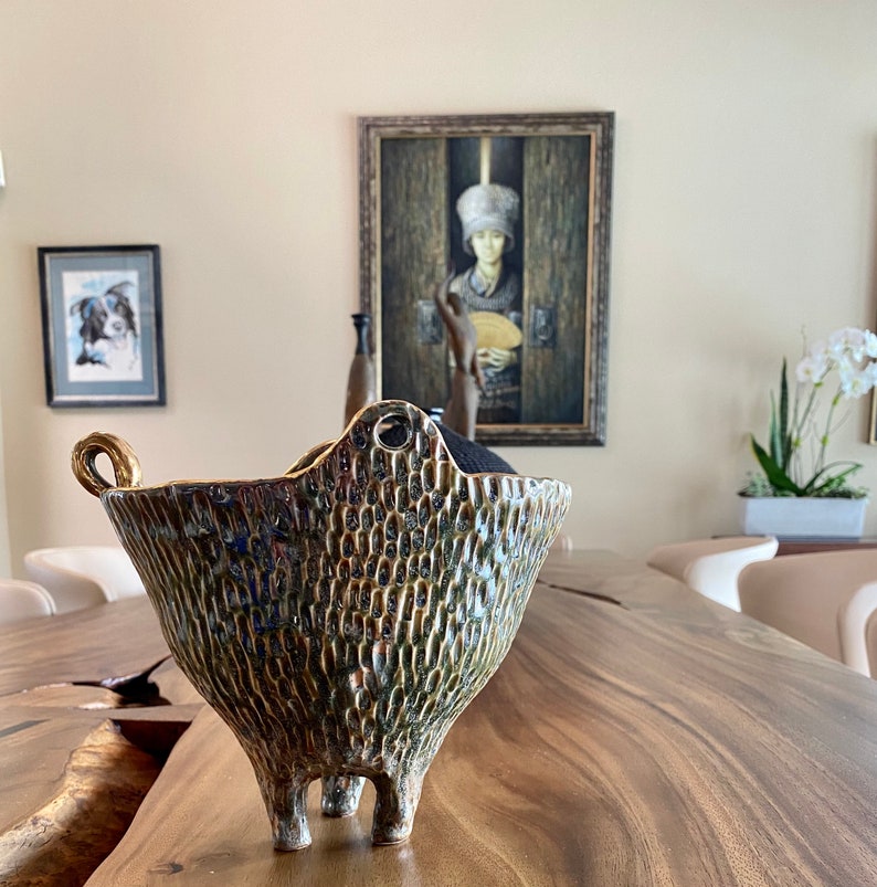 Green gold luster pot. Ceramic pottery. Handmade porcelain bowl. Three legged vase. Nature Inspired organic bowl. image 6