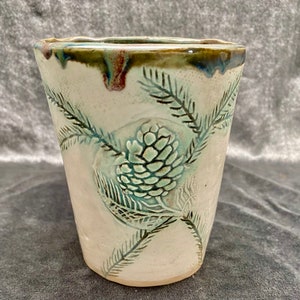 Pine cone tumbler coffee cup. Ceramic coffee mug. 12OZ. Hand built rustic earthy pottery. image 9