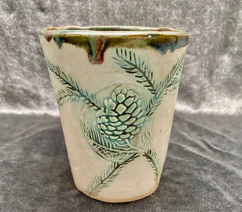 Pine cone tumbler coffee cup. Ceramic coffee mug. 12OZ. Hand built rustic earthy pottery. image 9