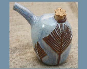 Ceramic sauce dispenser. Oil bottle. Blue creamer with feathered leaf.  Fine handmade organic earthy pottery.