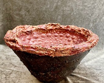 Ceramic  decorative wabi sabi  pot. Red and black VOLCANIC LAVA handmade bowl. Sculptural  textured vessel. Ceramic art.