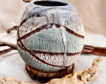 Handcrafted ceramic Wabi Sabi blue vase. Distressed rustic nature inspired pottery.