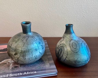 Handmade raku rustic vase. Naked raku emerald green pearl luster organic bottle. Nature inspired raku art. Price per 1.