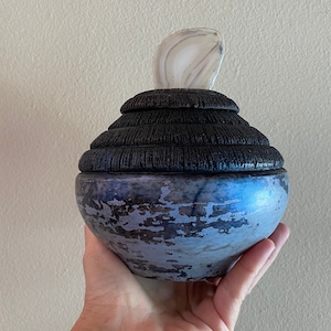Naked raku cremation urn. Raku pottery.  Ceramic lidded jar. Pet’s urn. Blue luster keepsake urn with agate. Zen urn for ashes.