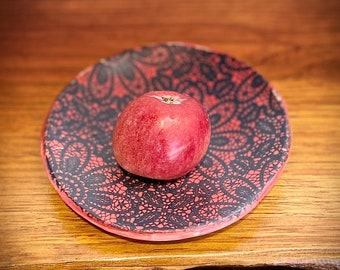 Ceramic lace ring dish. Red and black handmade soap dish. Yellow gingko leaf jewelry tray. Spoon rest.