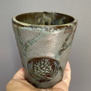 Pine cone tumbler coffee cup. Ceramic coffee mug. 12OZ. Hand built rustic earthy pottery. image 2