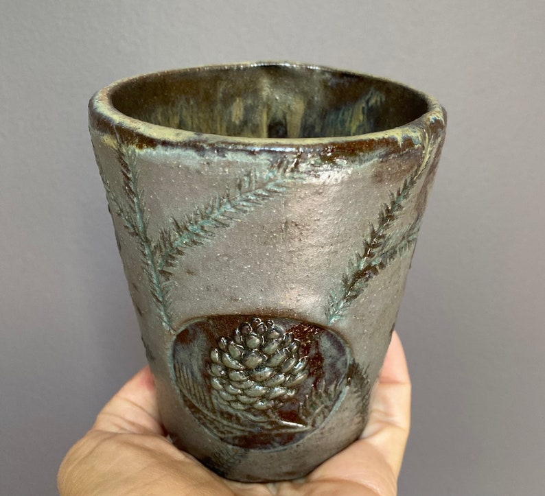 Pine cone tumbler coffee cup. Ceramic coffee mug. 12OZ. Hand built rustic earthy pottery. image 2