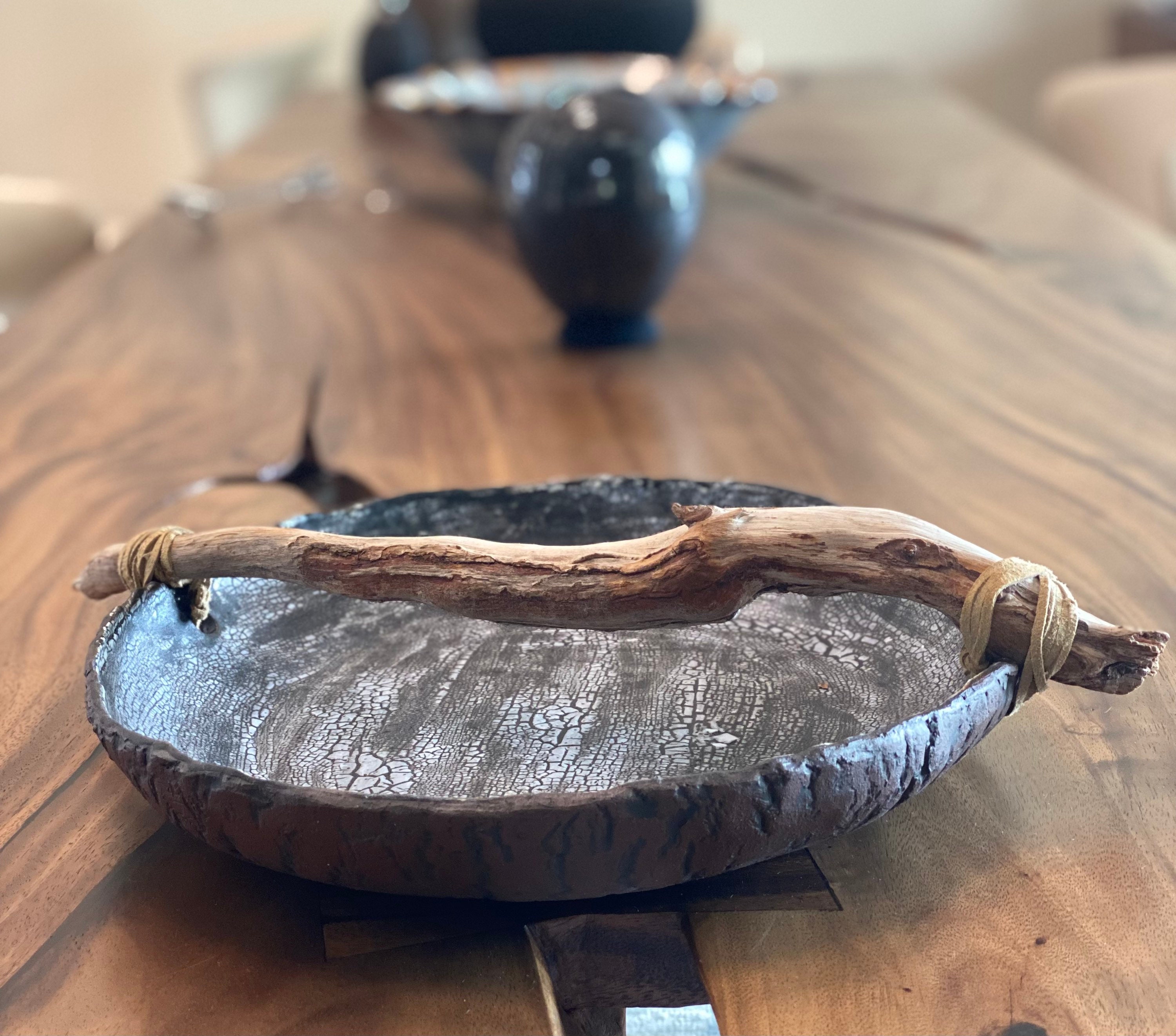 Extra Large Ceramic Serving Platter. Handmade Black & White Rustic Tray