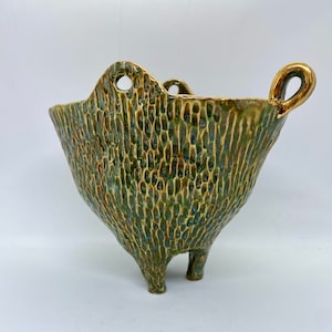 Green gold luster pot. Ceramic pottery. Handmade porcelain bowl. Three legged vase. Nature Inspired organic bowl. image 1