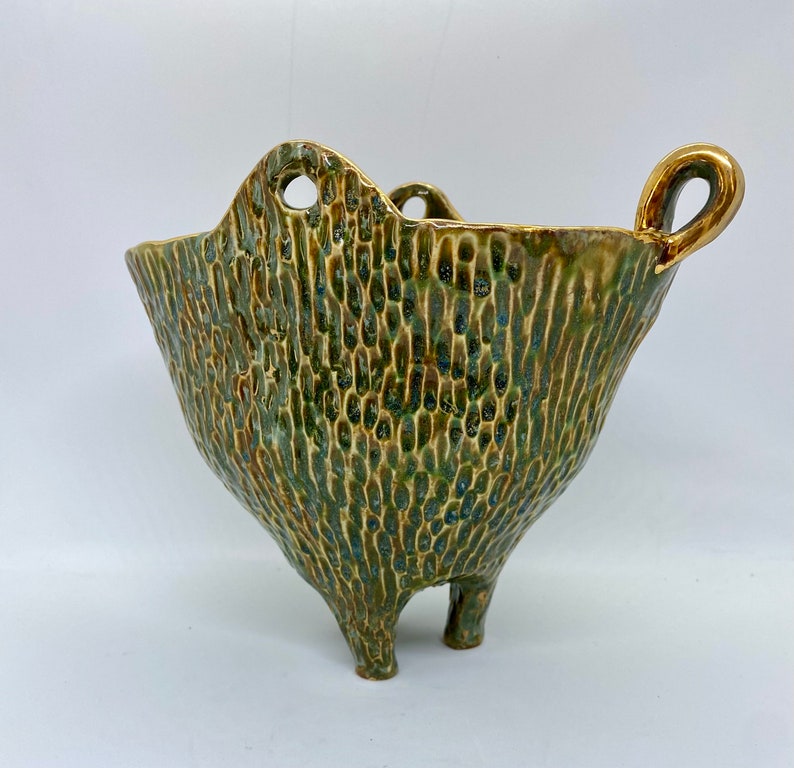 Green gold luster pot. Ceramic pottery. Handmade porcelain bowl. Three legged vase. Nature Inspired organic bowl. image 1