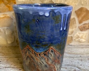 Ceramic Coffee Mug. Blue Mountain Stoneware Cup. Tall 12 OZ Tumbler. Handmade Deep Blue and Brown Ceramic Vase. Fine  Pottery.