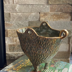 Green gold luster pot. Ceramic pottery. Handmade porcelain bowl. Three legged vase. Nature Inspired organic bowl. image 7