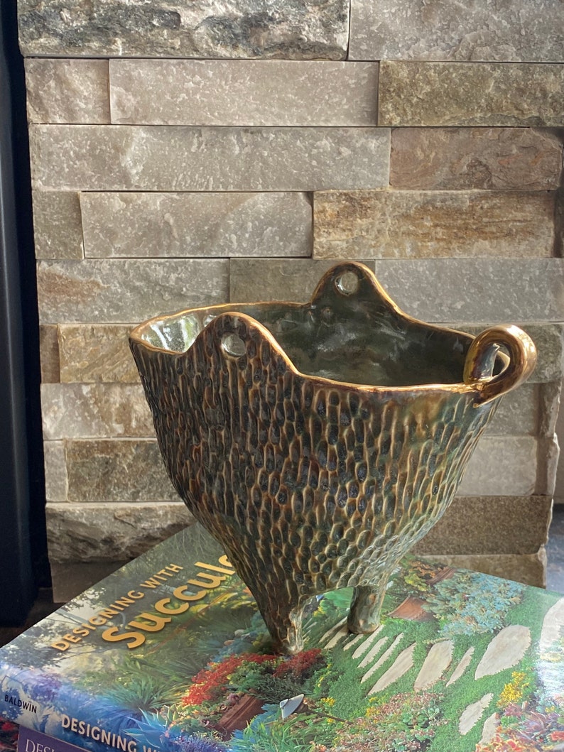 Green gold luster pot. Ceramic pottery. Handmade porcelain bowl. Three legged vase. Nature Inspired organic bowl. image 7
