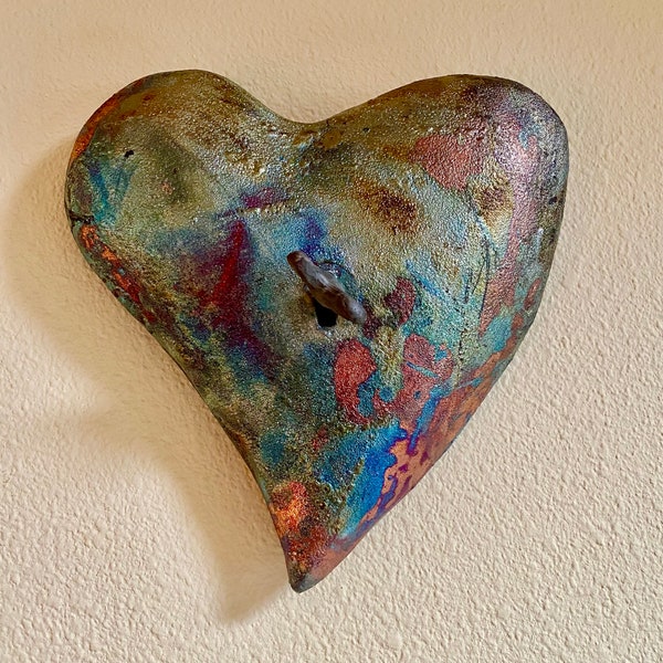 Raku ceramic heart. Raku pottery. Key To My Heart. Hand built ceramic sculpture.  Raku Wall Art. Anniversary, birthday gift, gift for mom.