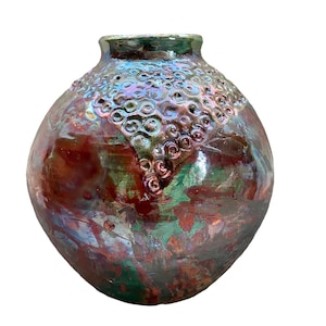 Raku pottery vase.  Ceramic textured red, green, blue luster multicolor vase. Raku handmade rustic pot. Fine pottery. Contemporary ceramics.