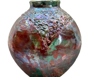 Raku pottery vase.  Ceramic textured red, green, blue luster multicolor vase. Raku handmade rustic pot. Fine pottery. Contemporary ceramics.