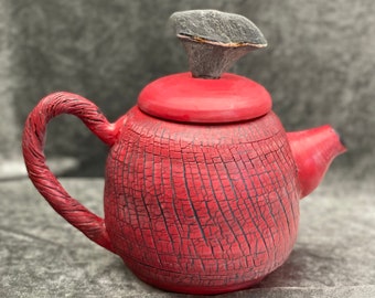 Red ceramic teapot. Handmade nature inspired pottery. Tea Kettle: 28 ounces. Tea lovers gift.