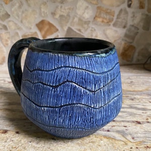 Blue ceramic coffee mug. Handmade pottery. Large 14 OZ soup cup. Navy blue and black tea cup. Fine pottery. image 1