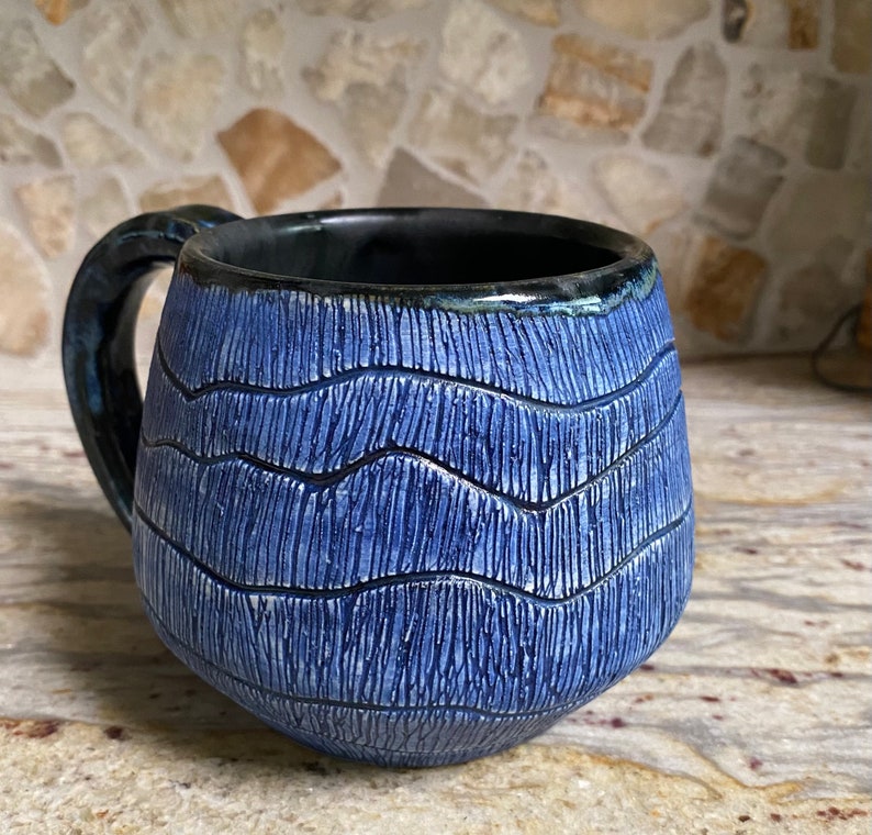 Blue ceramic coffee mug. Handmade pottery. Large 14 OZ soup cup. Navy blue and black tea cup. Fine pottery. image 1