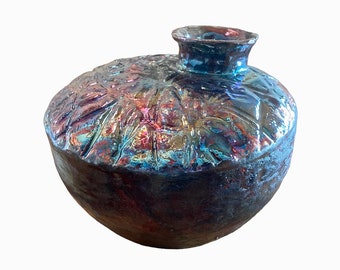 Raku ceramic textured vase. Asymmetric gold purple blue pink pot. FIREWORKS. Handmade raku fine  hand built ceramics. Contemporary décor.