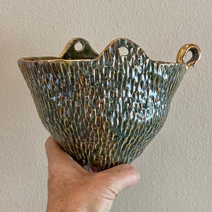 Green gold luster pot. Ceramic pottery. Handmade porcelain bowl. Three legged vase. Nature Inspired organic bowl. image 5