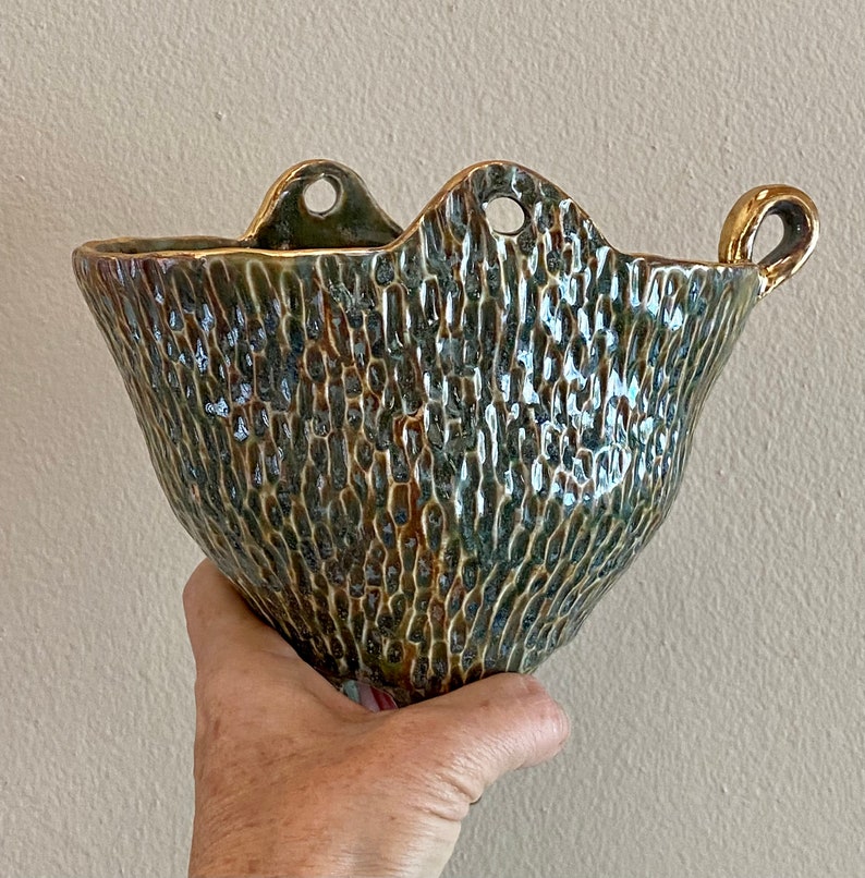 Green gold luster pot. Ceramic pottery. Handmade porcelain bowl. Three legged vase. Nature Inspired organic bowl. image 5