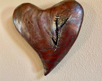 Raku ceramic heart wall hanging, Raku pottery, HEALING HEART wall art sculpture, Copper heart fine art, Anniversary, birthday gift.