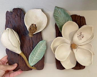 Ceramic wall art. Large magnolia flower wall hanging. Nature inspired ceramic wall sculpture. Price per 2