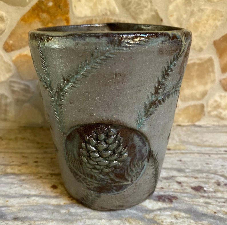 Pine cone tumbler coffee cup. Ceramic coffee mug. 12OZ. Hand built rustic earthy pottery. coffee bean cup