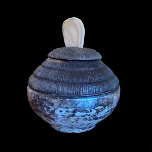 Naked raku cremation urn. Raku pottery.  Ceramic lidded jar. Pet’s urn. Blue luster keepsake urn with agate. Zen urn for ashes.