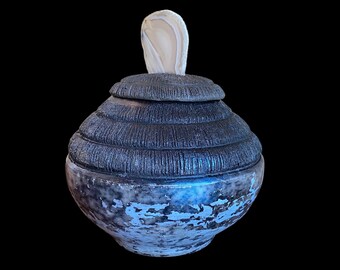 Naked raku cremation urn. Raku pottery.  Ceramic lidded jar. Pet’s urn. Blue luster keepsake urn with agate. Zen urn for ashes.