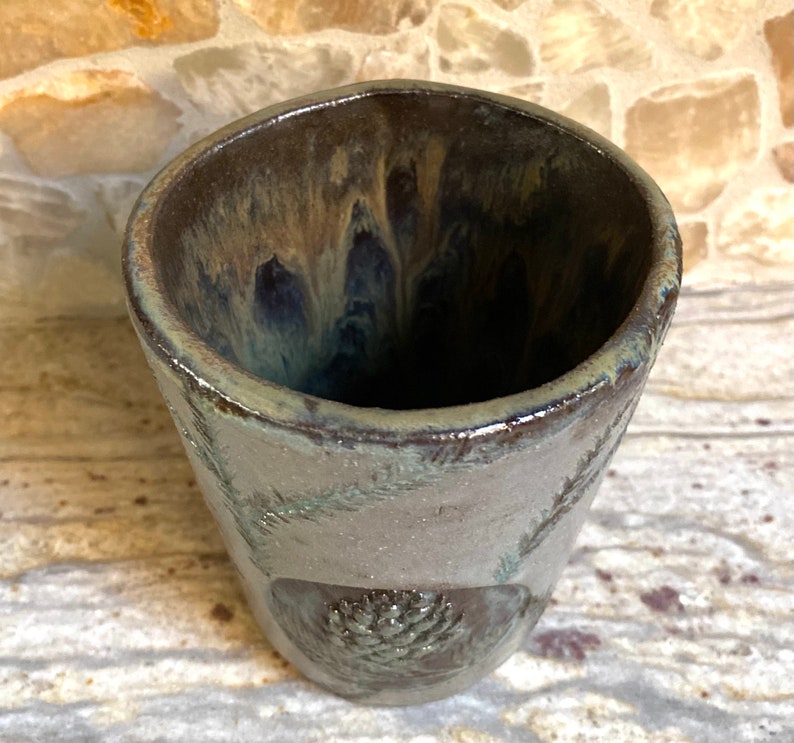 Pine cone tumbler coffee cup. Ceramic coffee mug. 12OZ. Hand built rustic earthy pottery. image 3