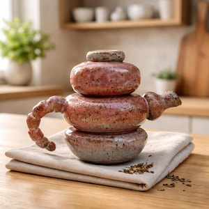 Tetera rústica de cerámica con piedras apiladas. Tetera escultórica artesanal con forma de mojón. Cerámica inspirada en la naturaleza.