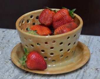 Handmade ceramic strainer. Berry and fruit yellow colander. Fine pottery.