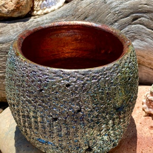 Raku pottery pot. Red and black ceramic bowl. VOLCANIC CRATER red lusted textured raku vase.  Raku art by Zen Ceramics.