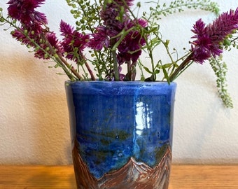 Blue Ceramic Coffee Mug. Handmade Nature Inspired Vase. Mountain Deep Blue - Brown Tumbler. 12 OZ  Mug.  Fine Pottery. Cozy Home Gifts.