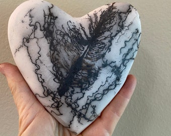 Horsehair raku feather heart. Ceramic pottery. Black and white hand built ceramic heart.  Raku Art. Mother's Day, birthday gift.