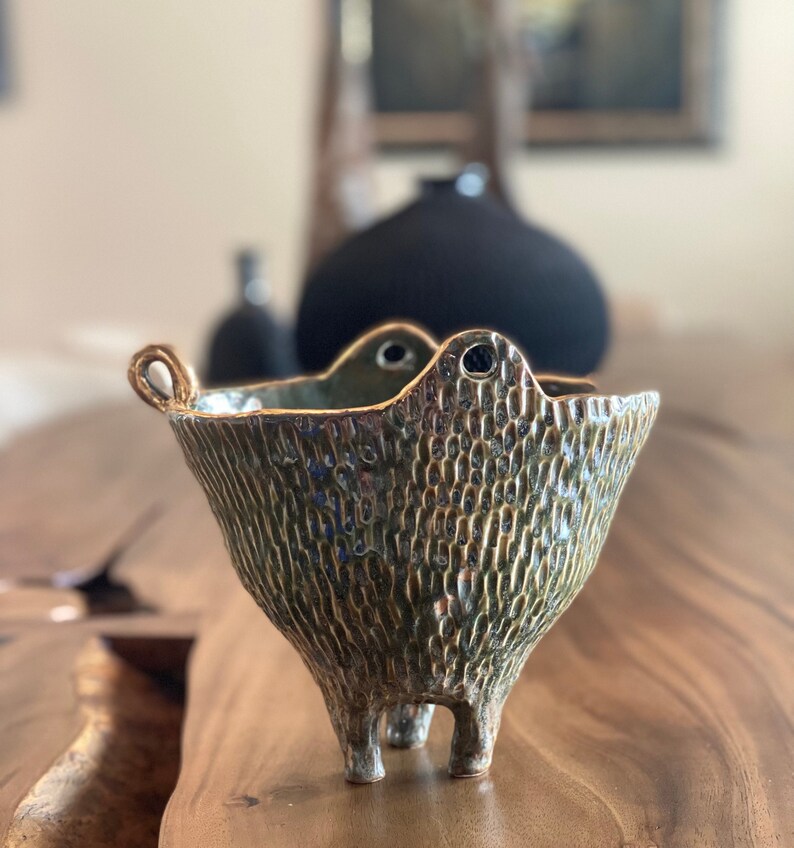 Green gold luster pot. Ceramic pottery. Handmade porcelain bowl. Three legged vase. Nature Inspired organic bowl. image 4