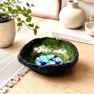 Ceramic marine bowl. Black -  green handmade  sculptural pot.  Coastal mixed media sea glass pottery.